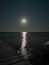 A wooden pier extending into the sea against a dark sky with the moon and a moon path