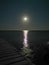 A wooden pier extending into the sea against a dark sky with the moon and a moon path