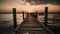 Wooden pier jetty bridge in the beach evening sunset nature view clear sky