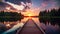 Wooden pier on the lake at sunset. Beautiful summer landscape, Small boat dock and beautiful sunset landscape view with a huge