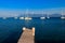 Wooden pier overlooking the Alps and Lake Geneva, Switzerland