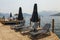 Wooden pier with sunbeds and parasols