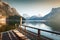 Wooden pier on Traunsee lake in Alps mountains; Austria