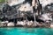 A wooden pier at the Viking cave, on the shore of Maya Island, part of Phi Phi islands in Andaman Sea