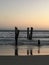 Wooden pile on St Clair beach at sunset