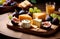 Wooden plate with assorted cheeses.