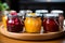 Wooden plate closeup woman exhibits vibrant fruit jams in glass jars a sensory delight