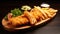 Wooden Plate With Fish and Fries