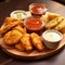 Wooden Plate of Fried Food With Dipping Sauces