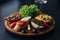 A wooden plate of healthy lifestyle fresh tasty canape sandwiches with different ingredients like salad, tomatoes, cheese on