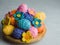 Wooden plate piled high the decorative Easter eggs and felt flowers, bright and colorful spring holiday decor