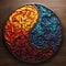 A wooden plate with two different colored swirls on it. Generative AI image.
