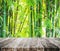 Wooden platform and Asian Bamboo forest with morning sunlight