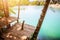 Wooden platform and a beautiful blue lake, playground