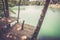 Wooden platform and a beautiful blue lake, playground