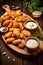 Wooden Platter With Chicken Nuggies and Dips