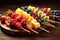 Wooden Platter Filled With Fruit on Skewers, Fresh, Colorful, and Healthy Snack Option, Fresh fruit skewers artfully arranged on a