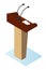 Wooden podium tribune stand rostrum with microphones flat vector illustration. Platform for lecture