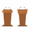 Wooden podium tribunes set, stand rostrum with microphones. Back and front view from audiences and reporters sides