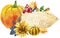 Wooden pointer with colorful falling autumn leaves, orange pumpkin and sunflower. Watercolor illustration