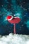 Wooden pointer and Santa`s hat on the background of the night starry sky