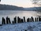 Wooden poles covered with snow at the shore of a frozen lake