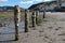 Wooden posts on beach in Gardenstown, Scotland