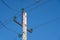 Wooden power pole with wires on insulators