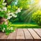 wooden product stand Bokeh nature background