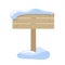 Wooden rectangular planks signboard in snow drift. Snow cap on Signpost with place for message. Wooden and snowy texture