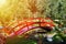 wooden red decorative bridge across the pond, sunlight effect