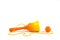 Wooden red-orange toy bilboke or kendama, catch the ball on a white background. Retro, vintage traditional national toys