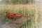 Wooden red rowboat moored to a rustic jetty