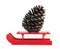 Wooden red sled with brown pine cone