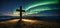 wooden religious cross on the hill with beautiful northern lights