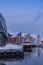 Wooden residential buildings TromsÃ¸ harbour wintertime