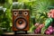 Wooden Retro Audio Speaker, Music column, sub-woofer in green Tropical Forest Party Nature, Sustainability Eco music