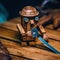 A wooden robot holding a pair of scissors. Generative AI image.