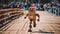 A wooden robot running across a wooden bridge. Generative AI image.