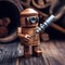A wooden robot with a screw in his hand. Generative AI image.
