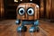 A wooden robot sitting on top of a wooden floor. Generative AI image.