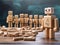 A wooden robot standing in front of a group of other wooden robots. Generative AI image.