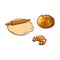 Wooden rolling pin, dough, bread and croissant