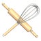 Wooden rolling pin and metal wire steel whisk 3D