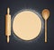 Wooden rolling pin, spoon and kneading dough with flour. Vector illustration.