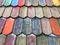 Wooden roof tiles closeup of colorful playground house roof