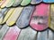 Wooden roof tiles closeup of colorful playground house roof