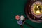 Wooden Roulette Drum on Green Casino Felt Table, Border BAckground