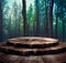 Wooden round podium in the forest realistic 3d illustration, scenery 3d render of empty product pedestal in natural