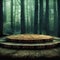 Wooden round stage in the forest realistic 3d illustration. Scenery of empty product podium in natural environment